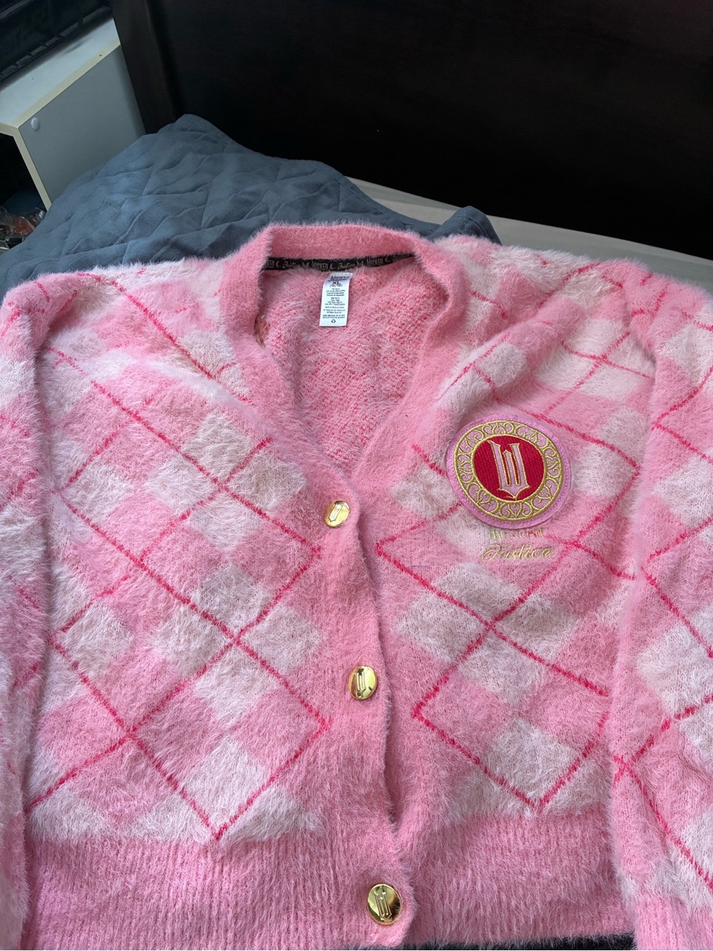 Wicked jacket from the movie /Pink Argyle Fuzzy Button-Up Sweater Cardigan